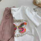 Butterfly Print Stretch Crop Top T-Shirt (All Cotton)