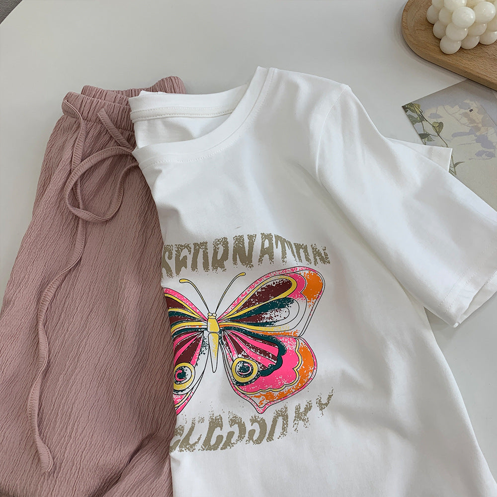 Butterfly Print Stretch Crop Top T-Shirt (All Cotton)