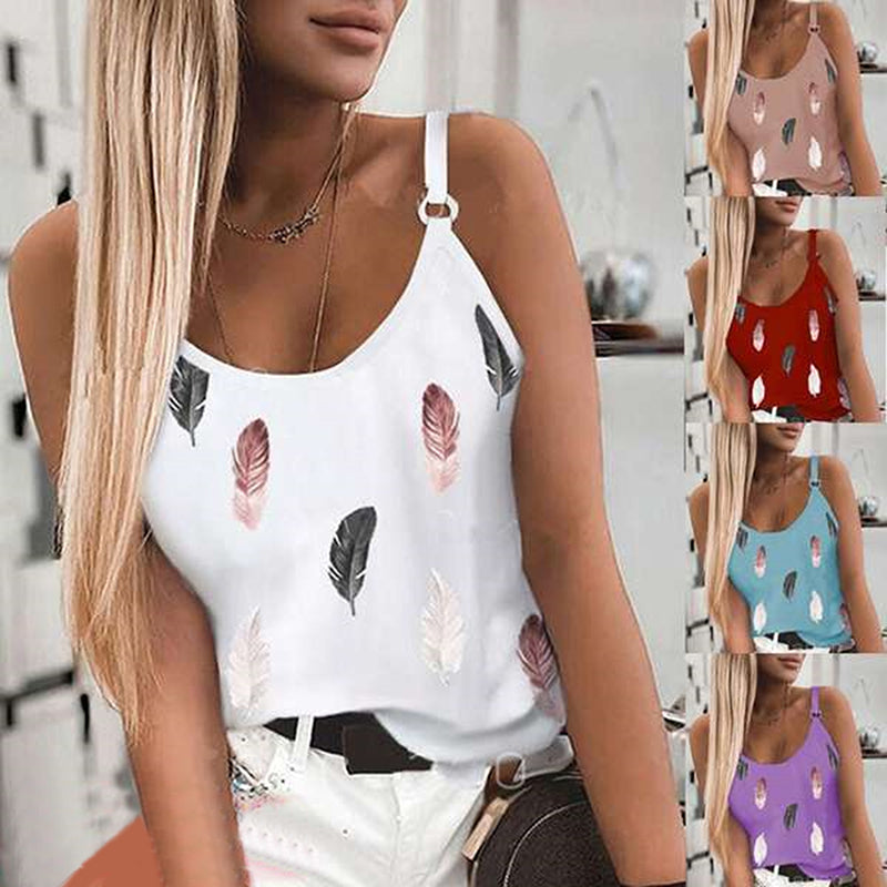 Women's Summer Feather Print Spaghetti Strap Tank Top