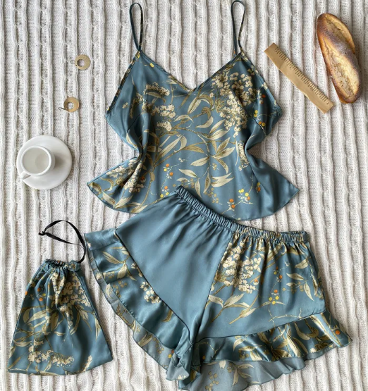 Women's Faux Silk Pajama Set - Two-Piece Printed Sleepwear