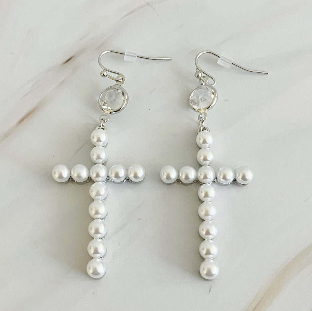 Pearl Cross Dangle Earrings | Christian Jewelry