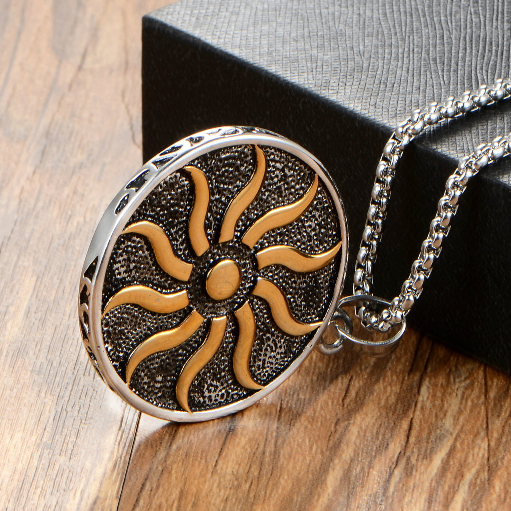 Stainless Steel Sun Medallion Pendant Necklace