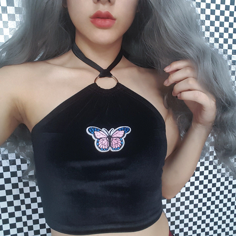 Iron Ring Halter Crop Top with Butterfly Patch