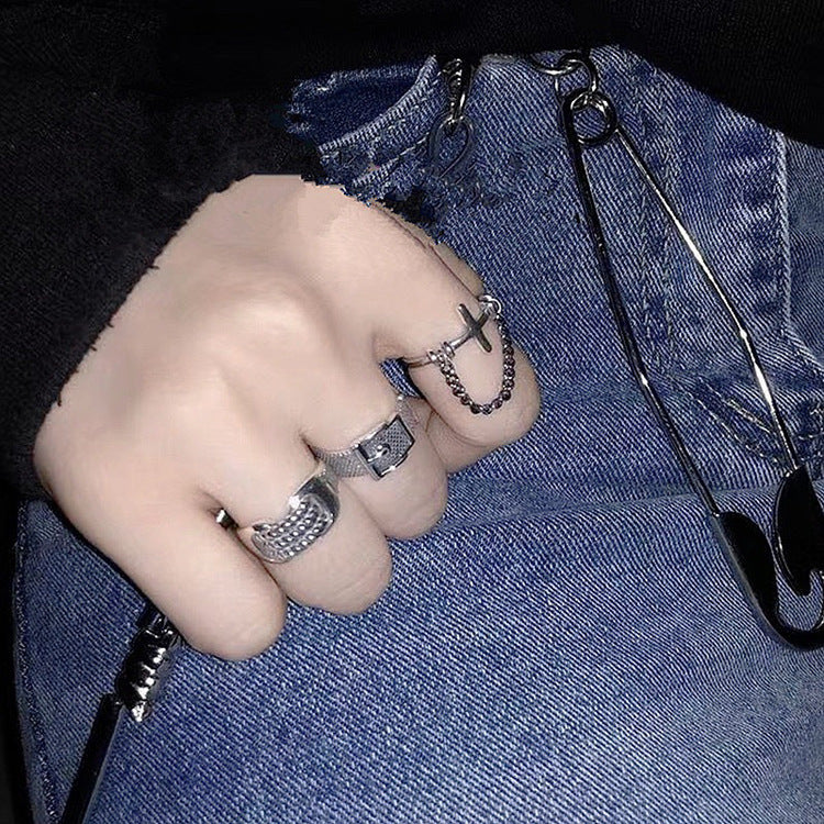 Vintage Distressed Leather Couple Rings with Cross Chain