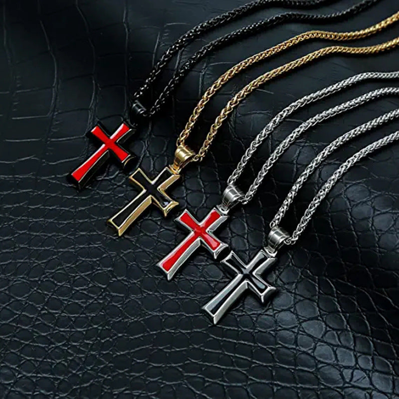 Minimalist Stainless Steel Red Cross Pendant Necklace