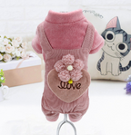 Warm Fleece-Lined Dog Jumpsuit, Cute Corduroy Overall Coat with Flower & Heart LOVE Detail for Small Dogs, Winter Pet Clothes