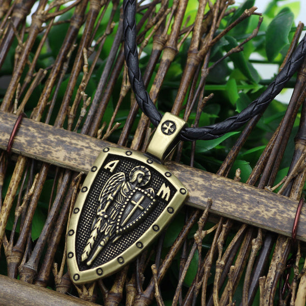 Retro Angel Medal Shield Cross Pendant Necklace for Men