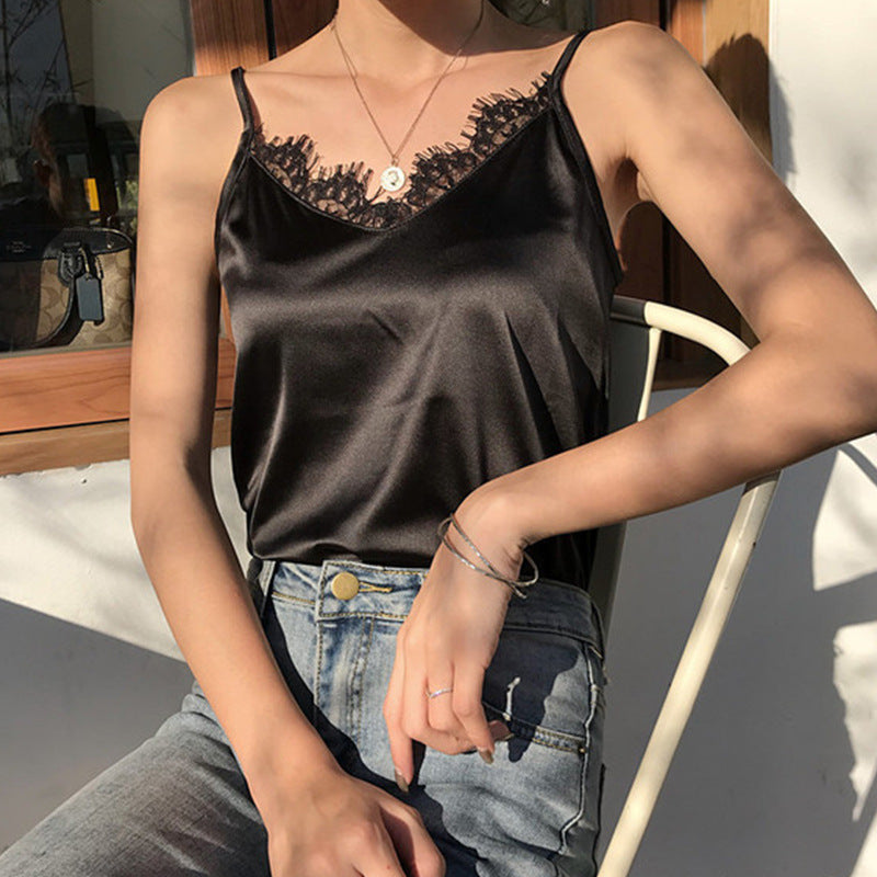 Women's Satin Lace V-neck Backless Camisole Top