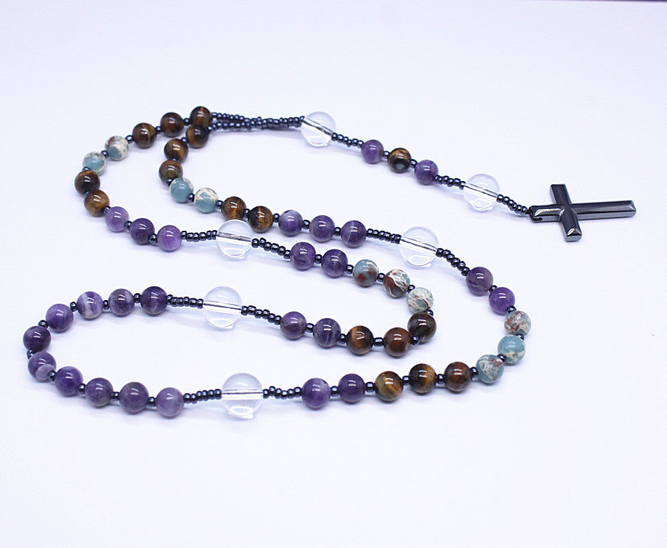 Amethyst and Tiger Eye Stone Rosary Necklace | Christian Jewelry