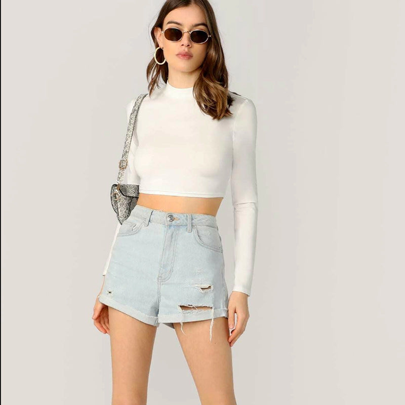 2020 New Style Women's White Crop Top Long Sleeve T-Shirt