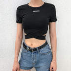 Summer Sexy Letter Print Slim Hollow Crop Top for Women