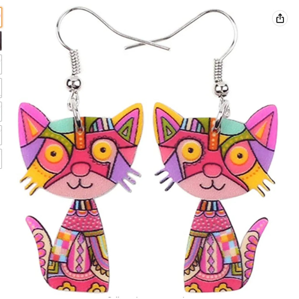 Colorful Painted Cat Drop Earrings