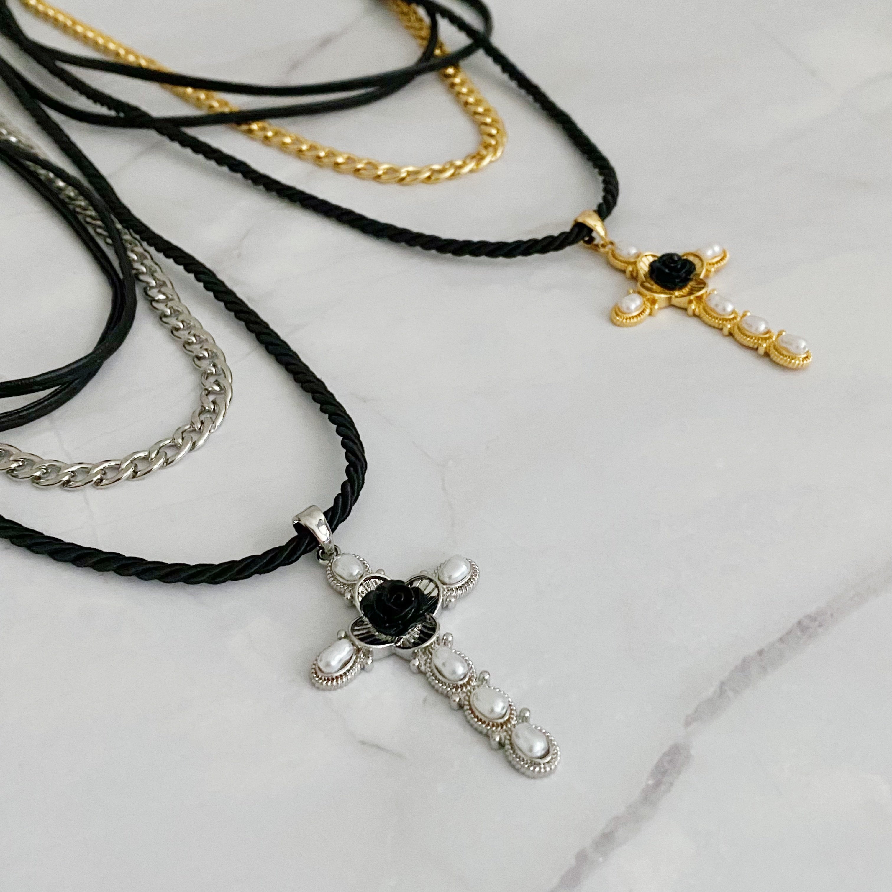 Layered Black Rose Cross Necklace | Christian Jewelry