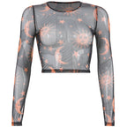 Orange Mesh Long Sleeve Crop Top for Women