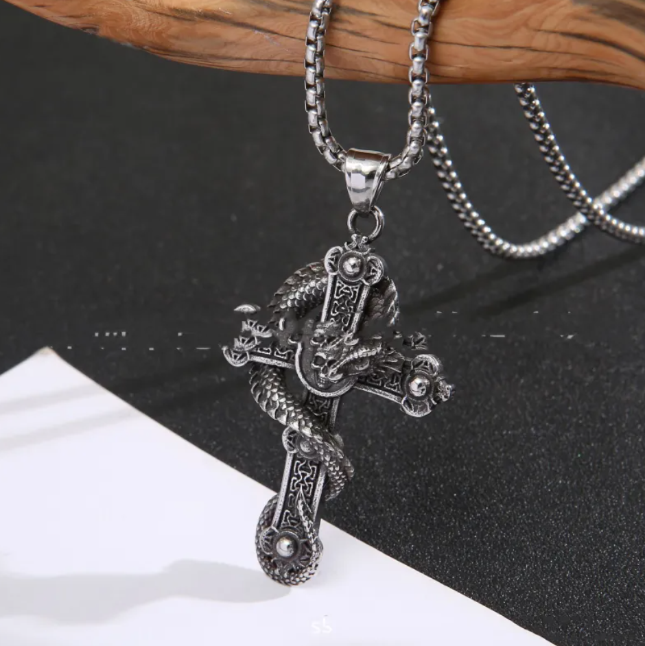 Stainless Steel Dragon Cross Pendant Necklace
