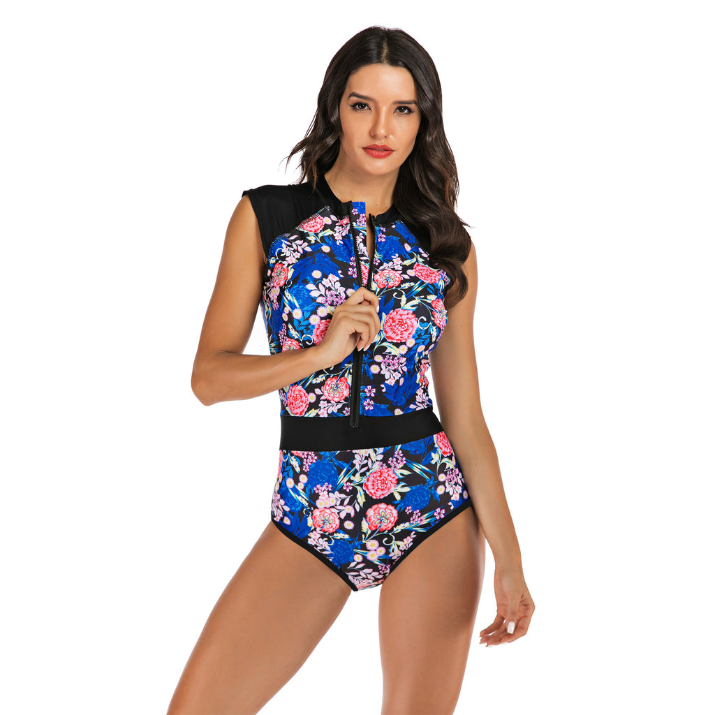 Blue Floral Zip-Front Sleeveless One-Piece Surf Swimsuit