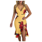 Floral Print V-Neck Ruffle Slit Bodycon Midi Dress