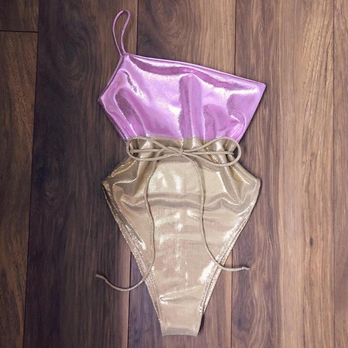 Metallic Pink and Gold High-Cut One-Piece Swimsuit