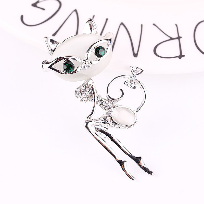 Cat Rhinestone Opal Brooch