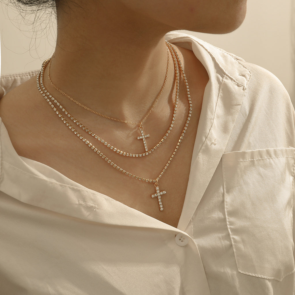 Creative Cross Necklace with Glass Rhinestones Layers