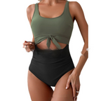 Color-Block Knot-Front Cutout One-Piece Swimsuit