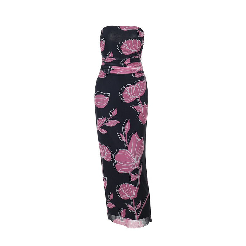 Pleated Mesh Floral Print Tube Top Dress