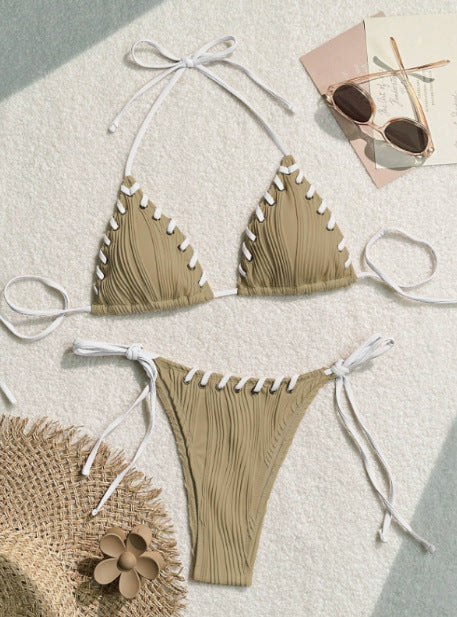 Beige Ribbed Triangle String Bikini Set