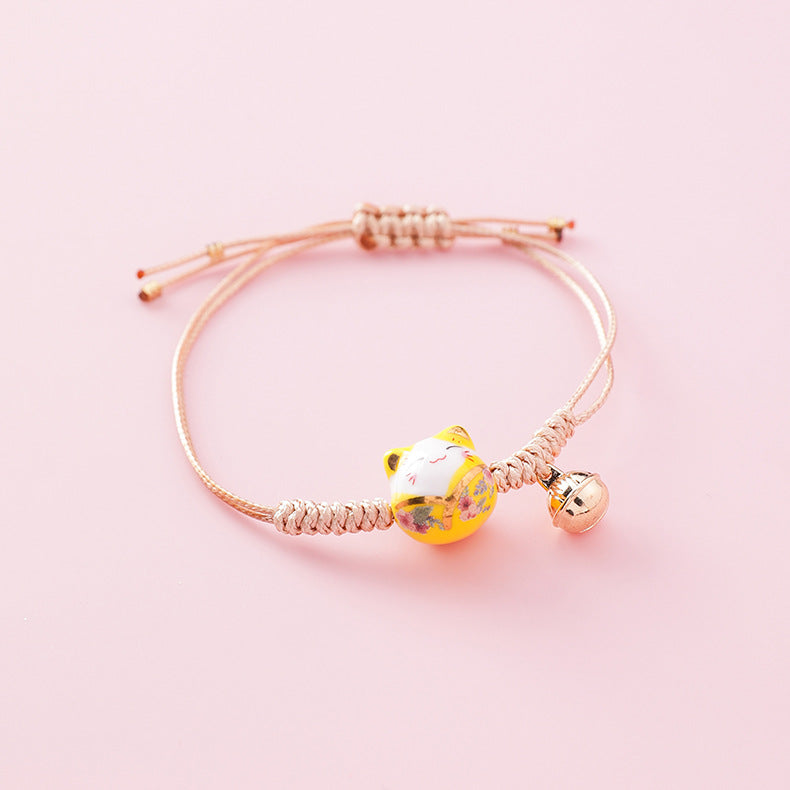 Handcrafted Ceramic Lucky Cat Bracelet with Bell