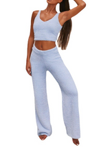 Trendy Plush V-Neck Cropped Top and Pants Set for Women