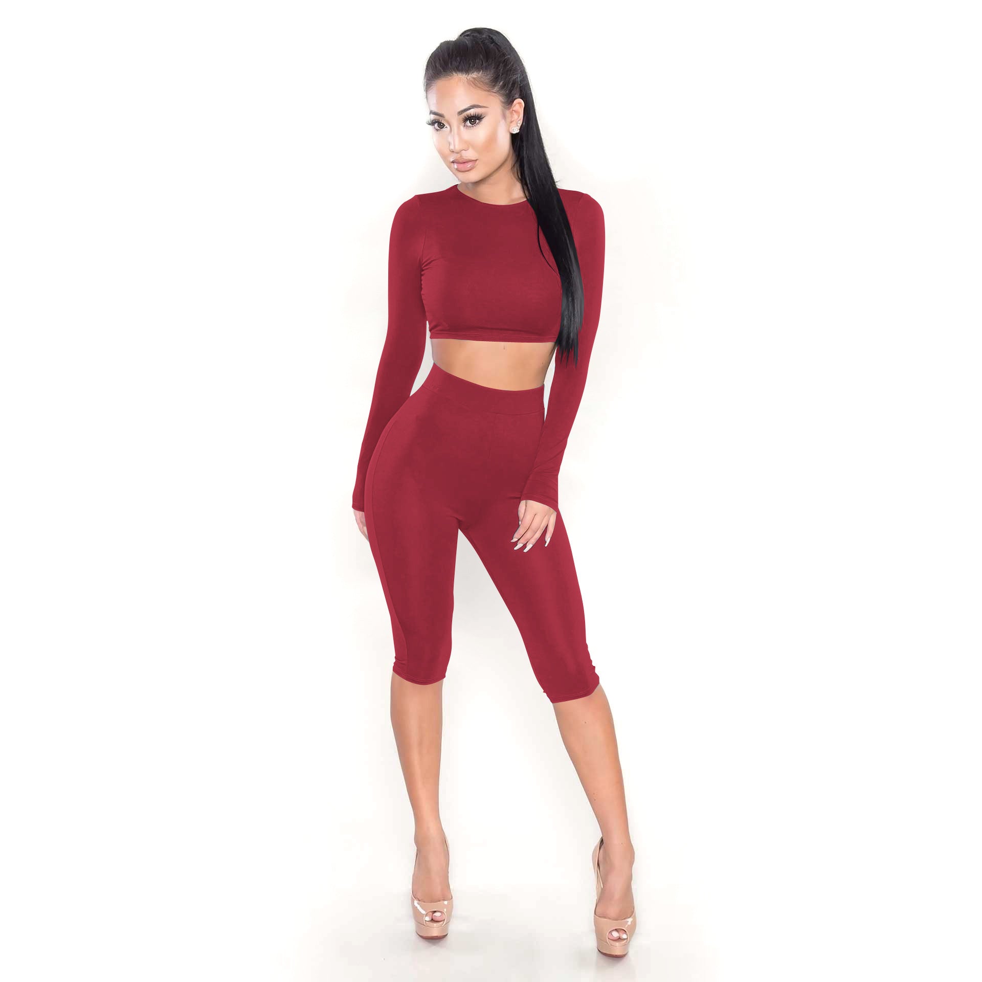 Casual Long Sleeve Crop Top and Yoga Shorts Set