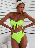 Women's Pink Bow-Front Bandeau High-Waist Bikini Set