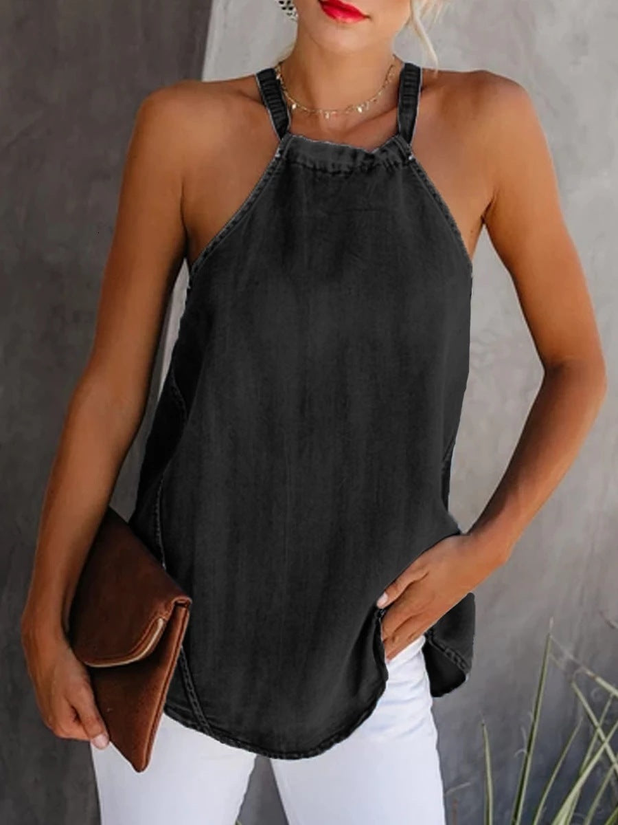 Women's Denim Tank Top with Open Back Design