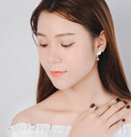 Silver Cat Drop Stud Earrings with Zircon Bead