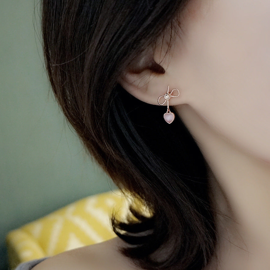 Rose Gold Bow Earrings with Pink Heart Drop
