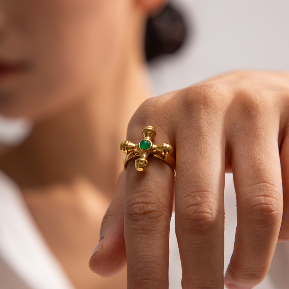 Gold-plated Titanium Steel Ring with Stone Cross for Women