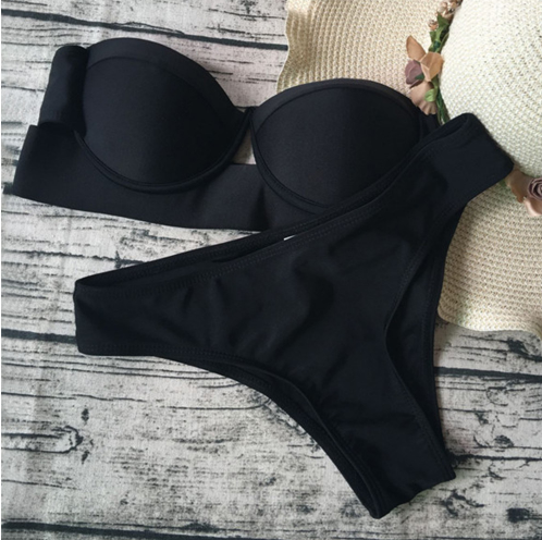 Women's Black Strapless Push-Up Bandeau Bikini Set