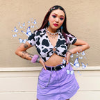 V-Neck Short Sleeve Cow Print Crop Top with Cutout Ring