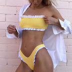 Yellow Ruffle-Trim Bandeau Bikini Set