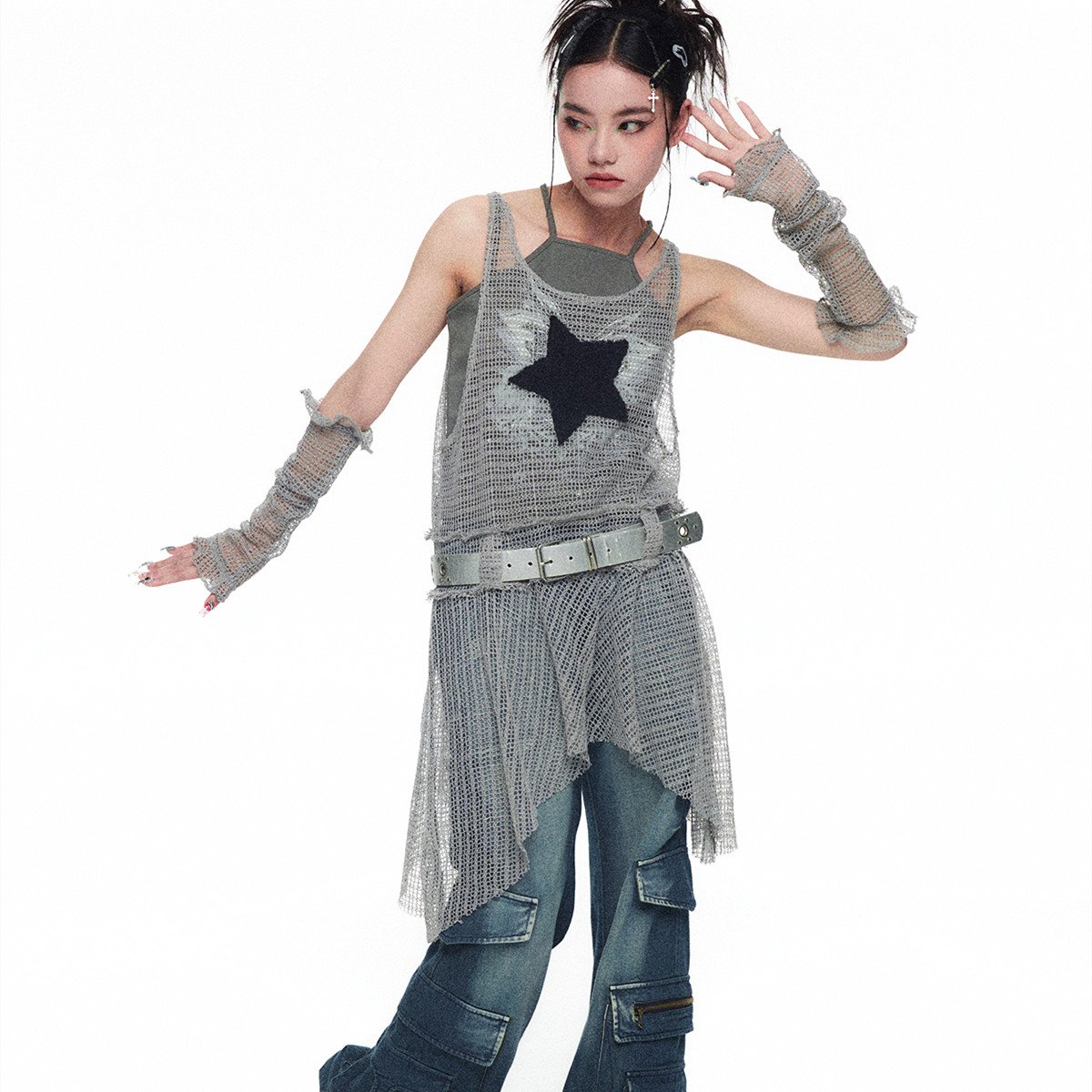 Mesh Tank Top Dress with Star Sleeves for Spicy Girls