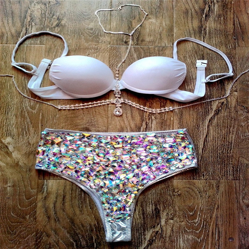 Sequin High-Waisted Bikini with Chain