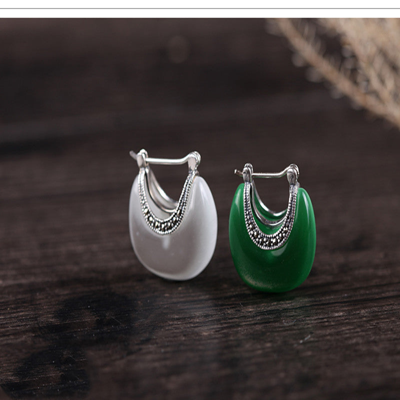 Silver Vintage Cat's Eye Stone Earrings