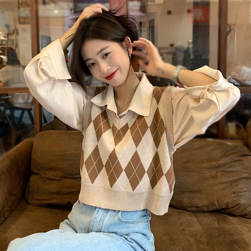 Vintage Plaid V Neck Sweater Tank Top for Women