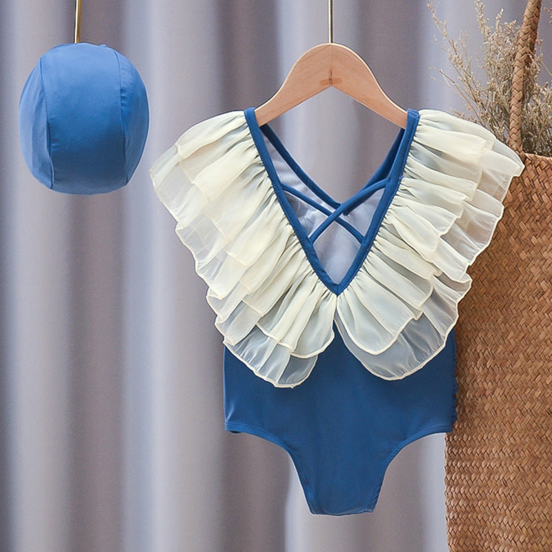 Girls' Ruffle One-Piece Swimsuit with Swim Cap