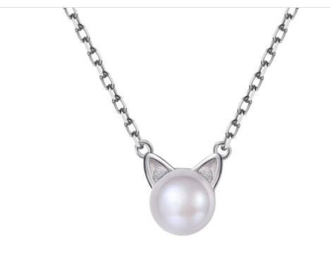 Silver Cat Ear Pearl Pendant Necklace