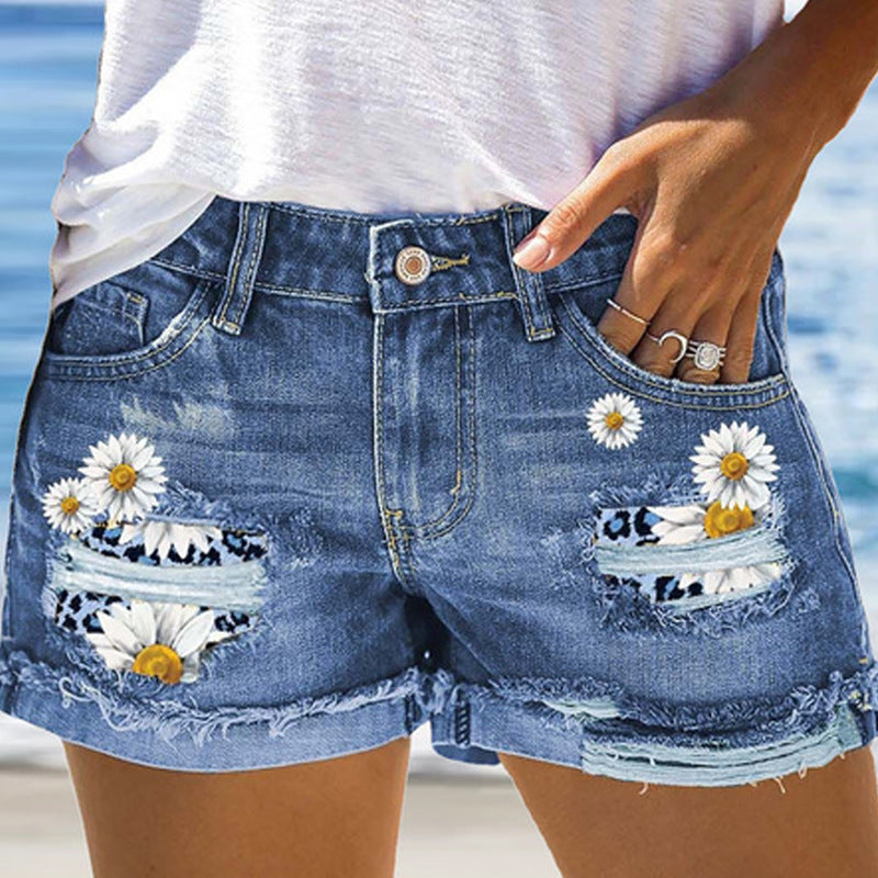 Women's Printed Denim Hipster Shorts