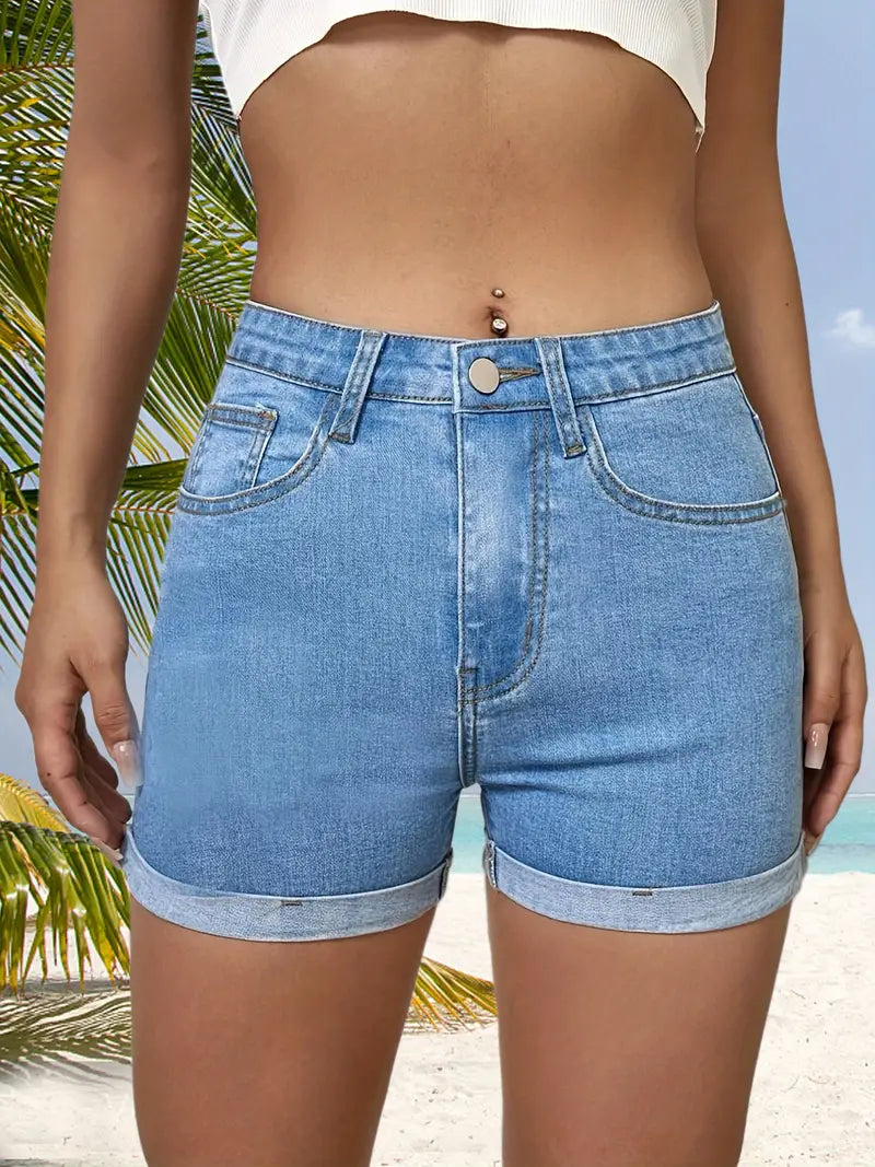 High Waist Denim Shorts for Women - Slim Fit & Rolled Hem