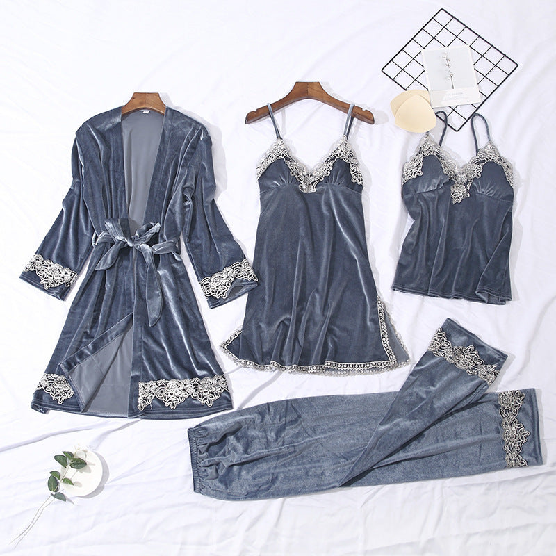 Lace Trim Velvet Long Sleeve Sleepwear Set for Women