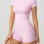 Women's Short Sleeve Slim Fit Sports Pocket Shorts Set
