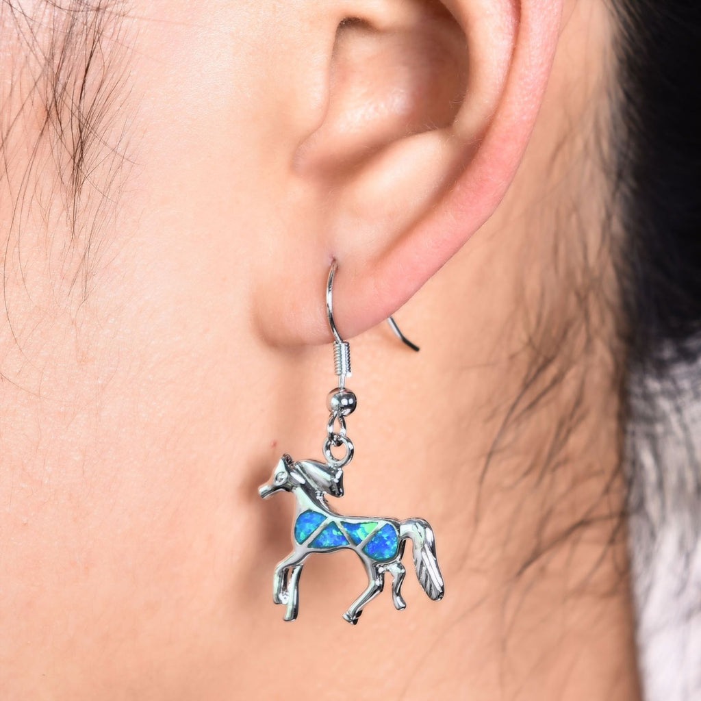 Blue Opal Horse Drop Earrings