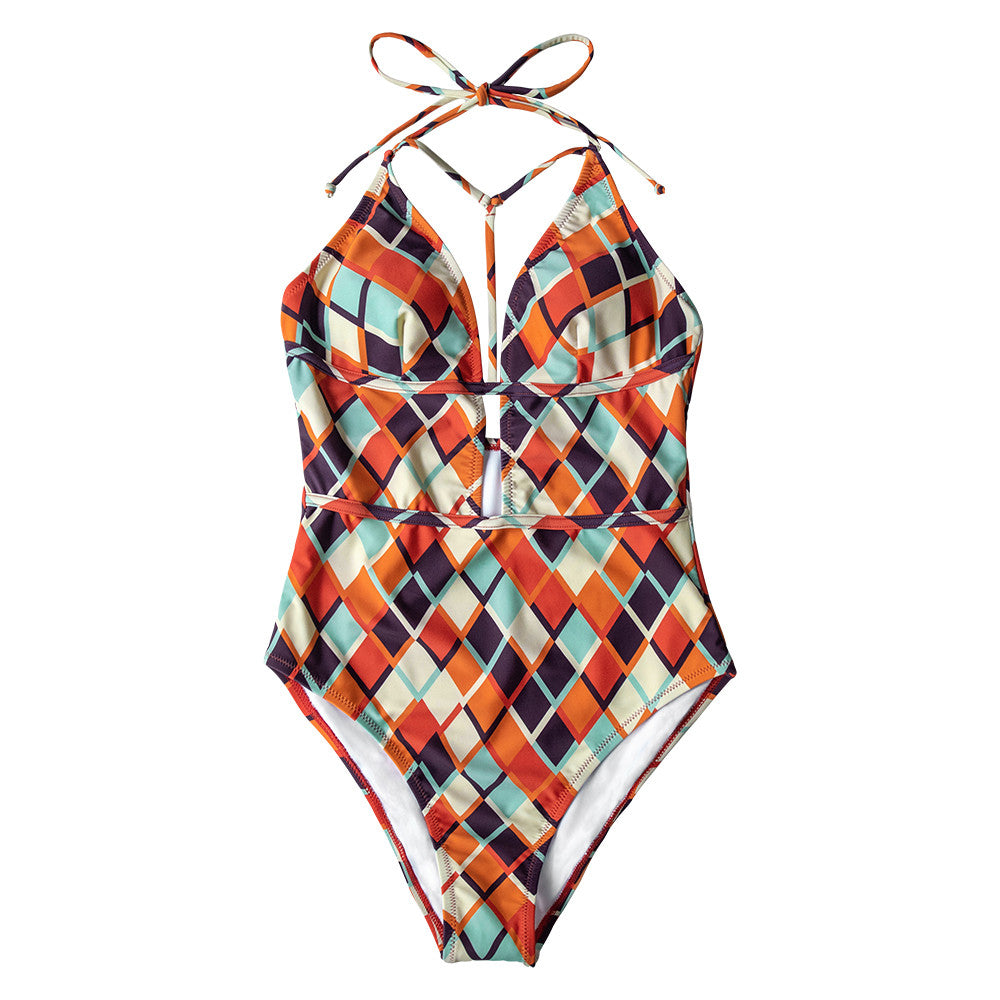 Retro Geometric Print Halter One-Piece Swimsuit